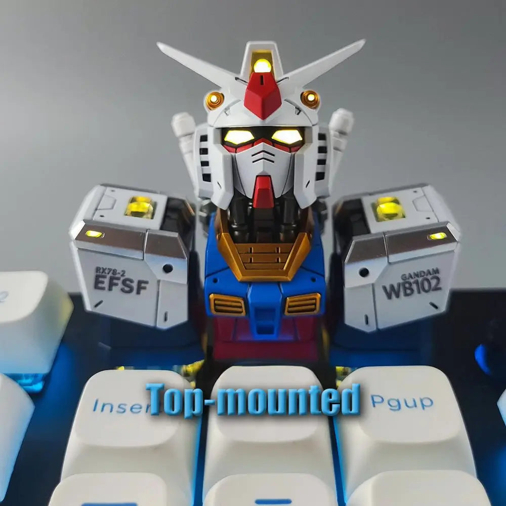 RX-78-2 Gundam keycap set glowing under RGB backlighting.
