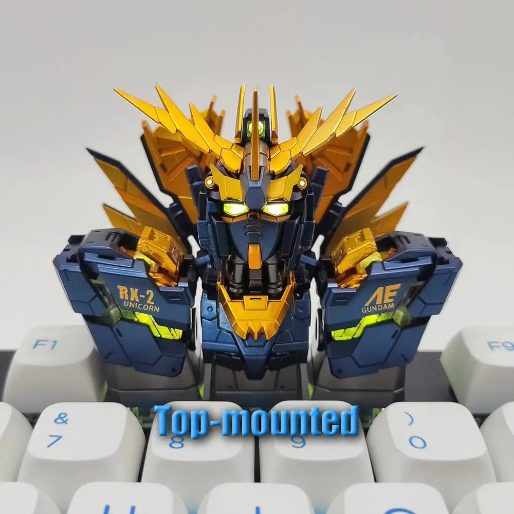 Custom mechanical keyboard with glowing Gundam-themed keycaps in dark/light modes
