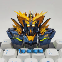 Custom mechanical keyboard with glowing Gundam-themed keycaps in dark/light modes