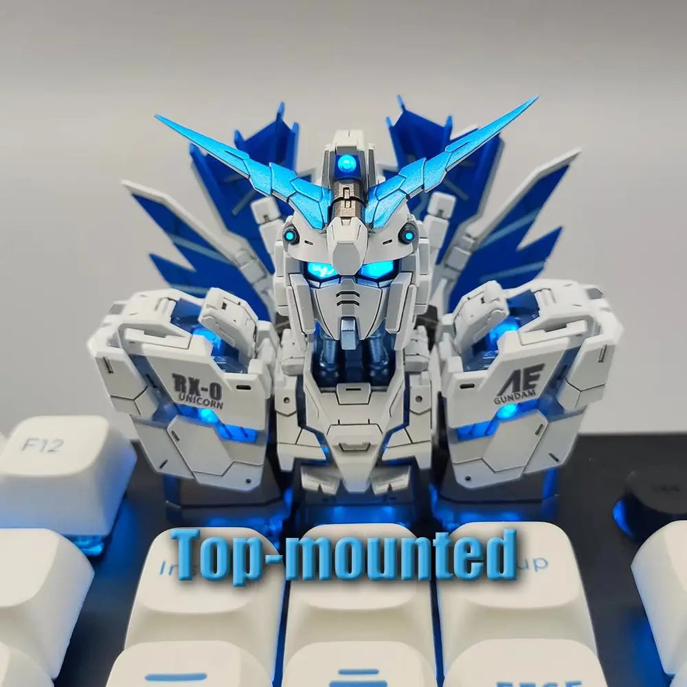 Dynamic side-view of transformable keycaps highlighting Unicorn Gundam's iconic silhouette.