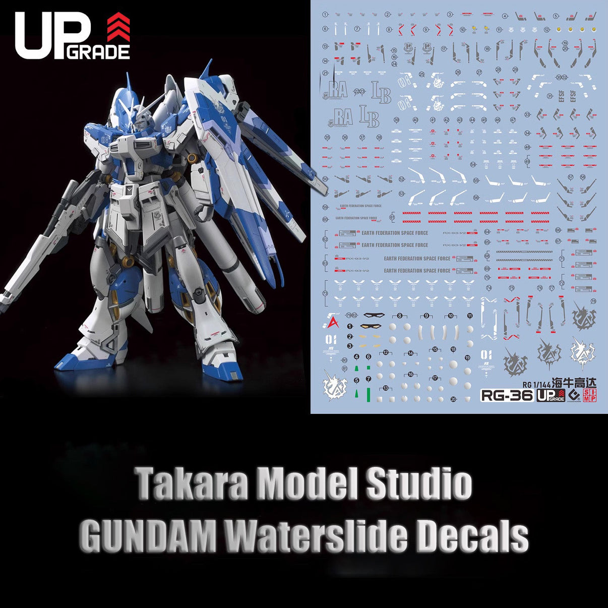 RG RX-93-V2 Hi-V Gundam decal sheet close-up highlighting fluorescent details