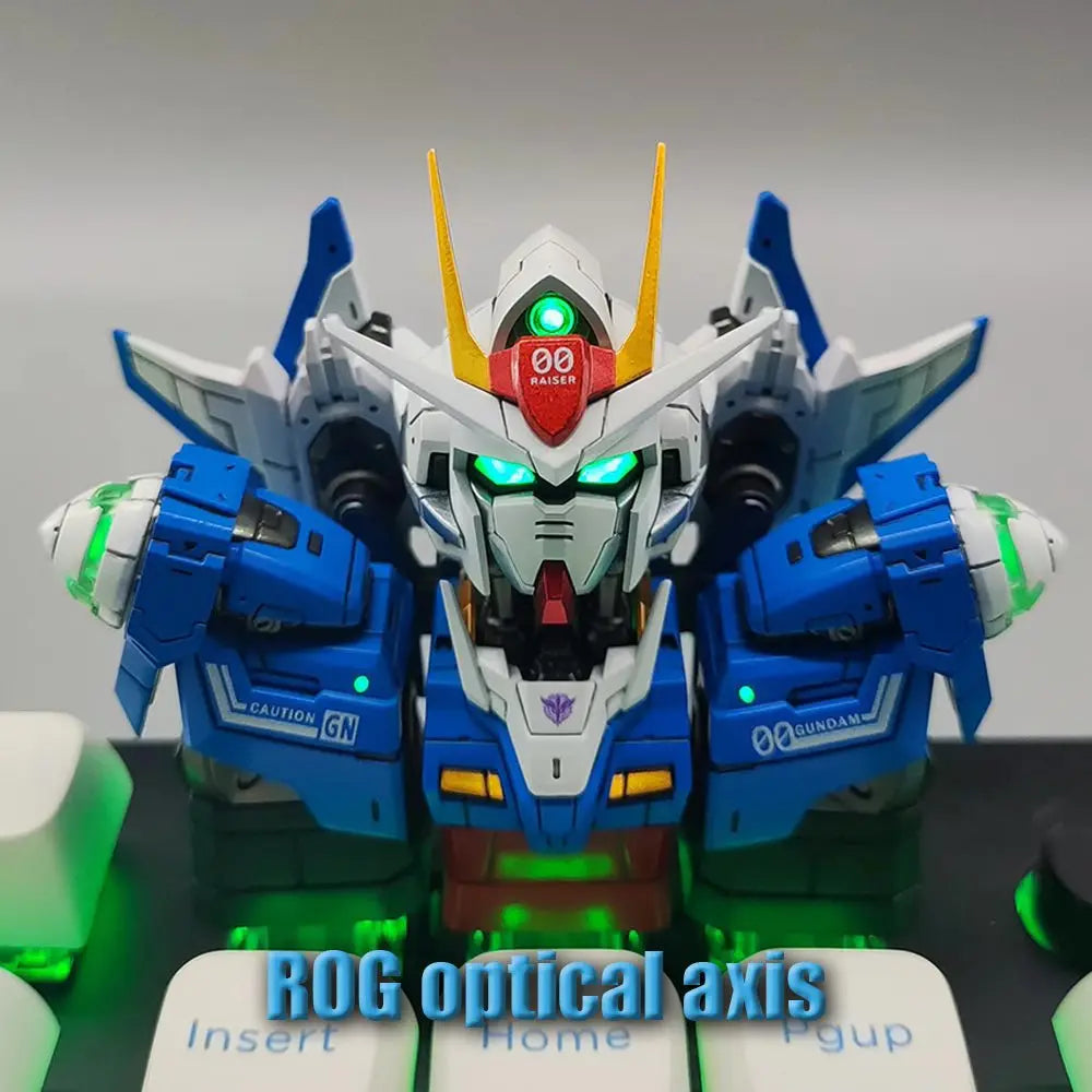 Gundam 00 Raiser keycap set installed on a RGB-backlit mechanical keyboard