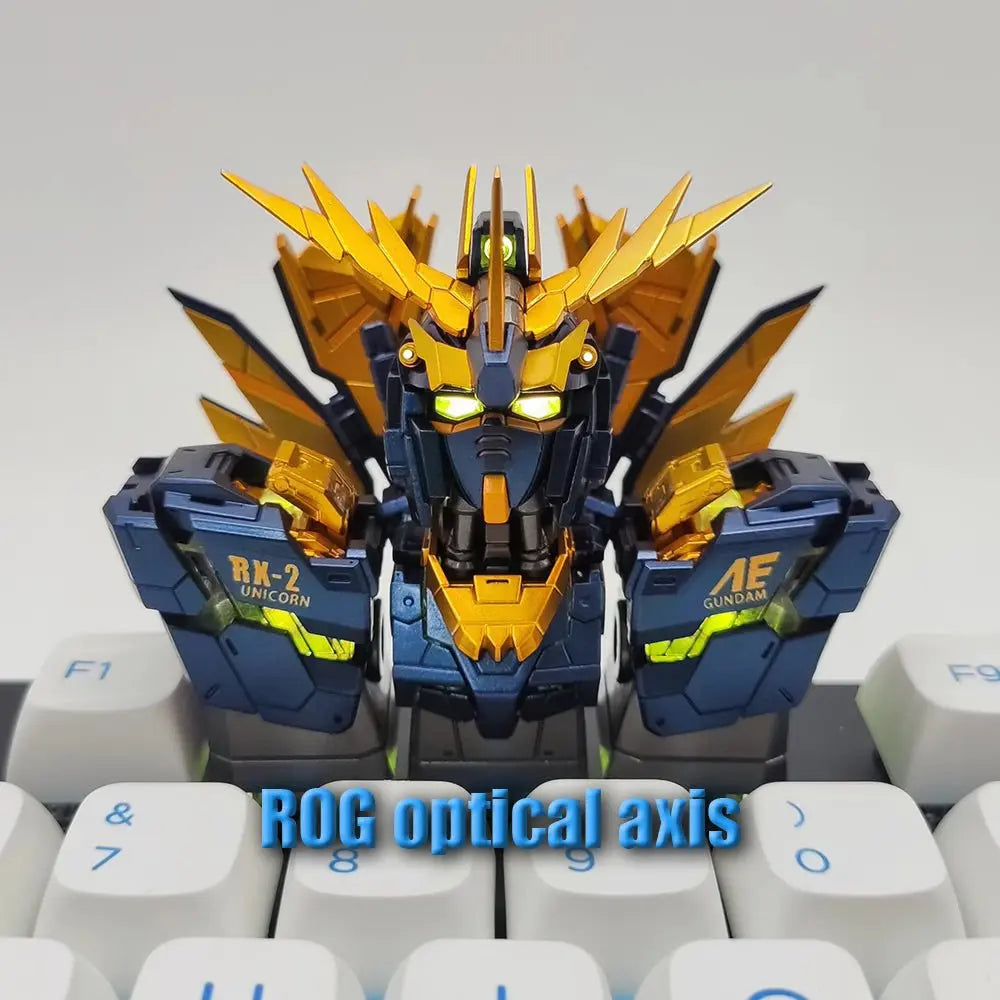 Gundam artisan keycaps packaged in a premium collectible box with logo branding