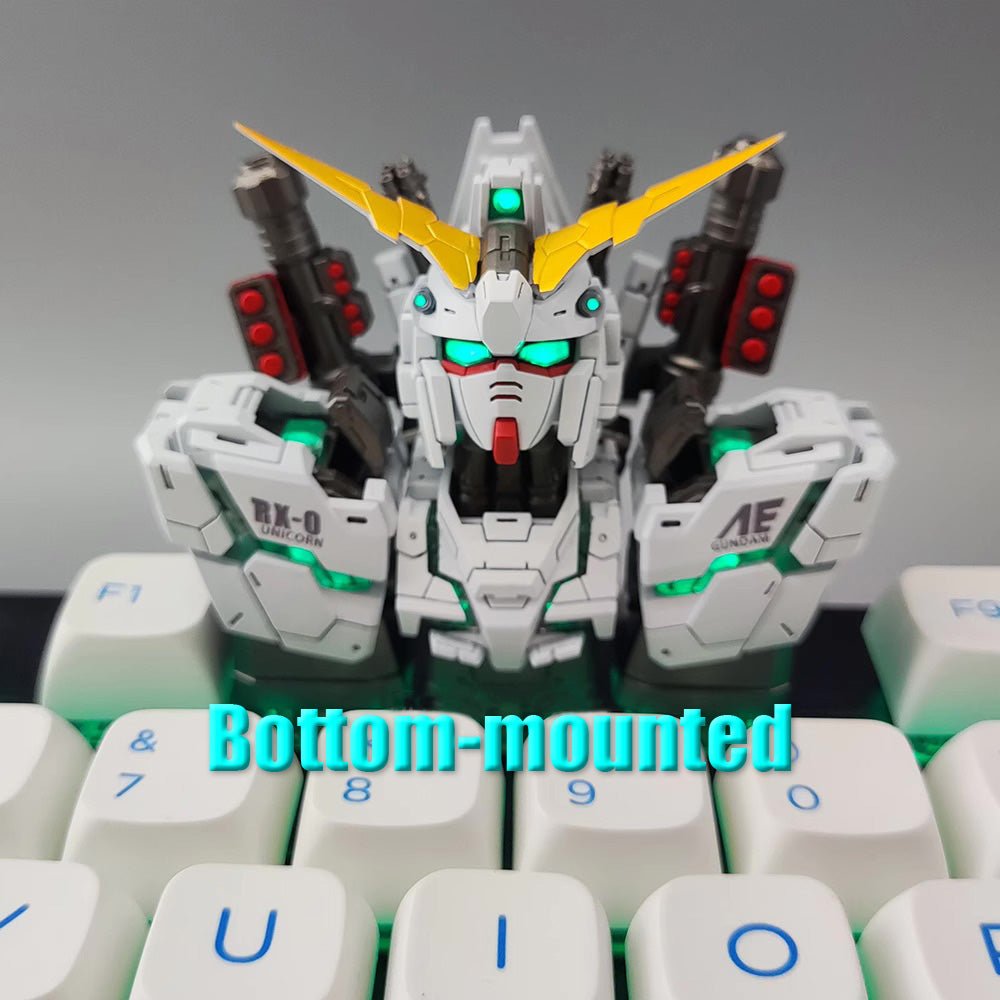 Gundam artisan keycap set installed on a mechanical keyboard, premium gaming accessory in action