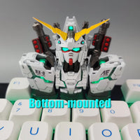 Gundam artisan keycap set installed on a mechanical keyboard, premium gaming accessory in action